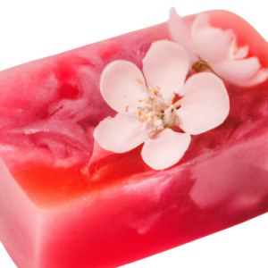 Dark pink and white bar of soap with white flowers on top