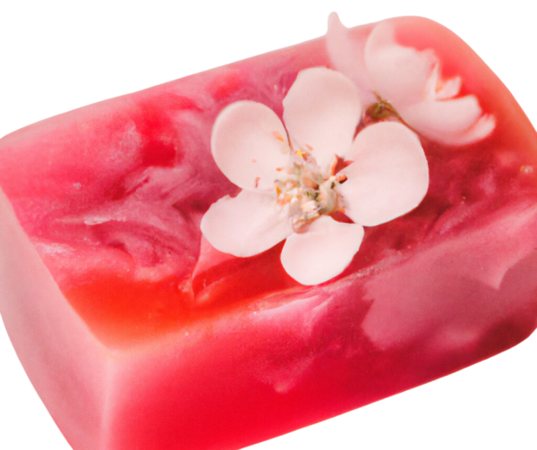 Dark pink and white bar of soap with white flowers on top