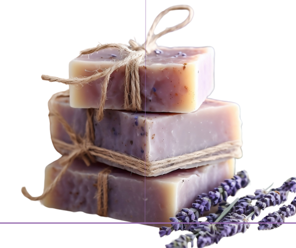 A Stack of 3 bars of purple Soap with a rope tied with a bow and lavender beside it